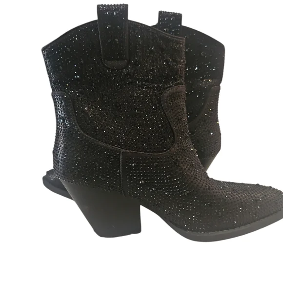 FOREVER RiverWomen Rhimestone Block Chunky Heel Black Glitter Ankle Boots Size 7 - Picture 11 of 13